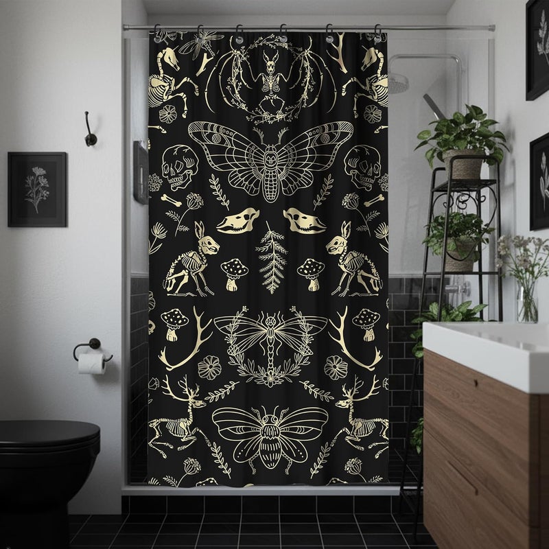 TSLOVER Halloween Black and Gold Goth Skull Narrow Shower Curtains,Spooky Gothic and Skull Shower Curtain for Bathroom,Witchy Waterproof Polyester Fabric Stall Bath Curtain Decor,36x72 in - Image 1